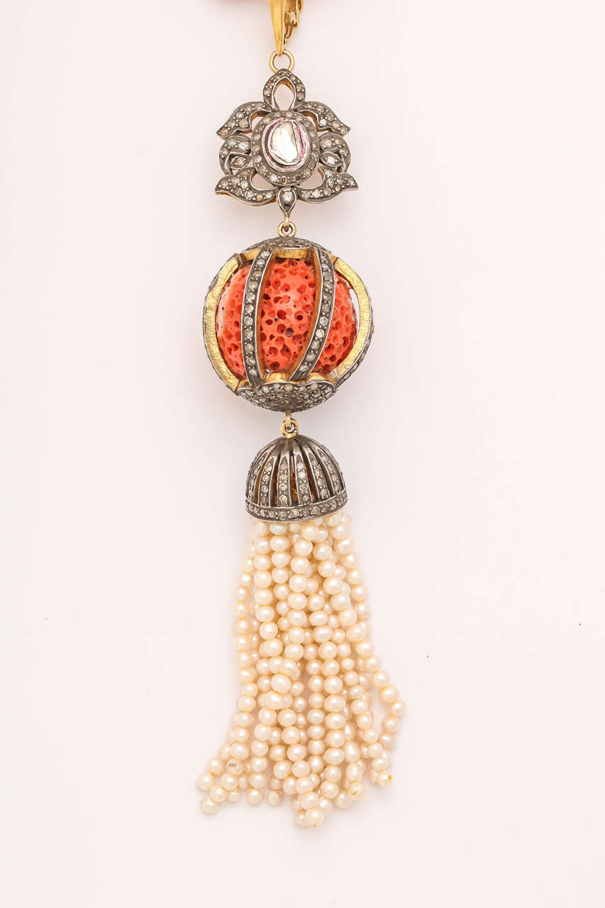Regal Coral Pearl Diamond Tassel Necklace For Sale 2