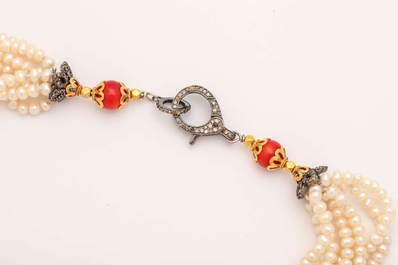 Regal Coral Pearl Diamond Tassel Necklace For Sale 3