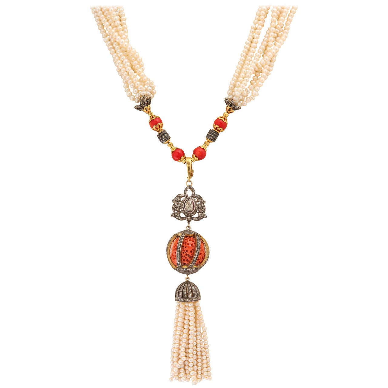 Regal Coral Pearl Diamond Tassel Necklace For Sale