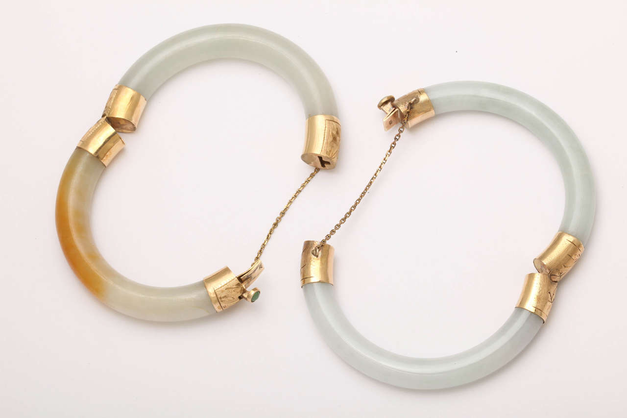 Pair of Modern Jade Bangles with Engraved Jeweled Clasps In Excellent Condition In New York, NY