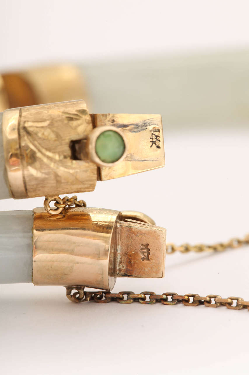 Women's Pair of Modern Jade Bangles with Engraved Jeweled Clasps