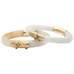 Pair of Modern Jade Bangles with Engraved Jeweled Clasps
