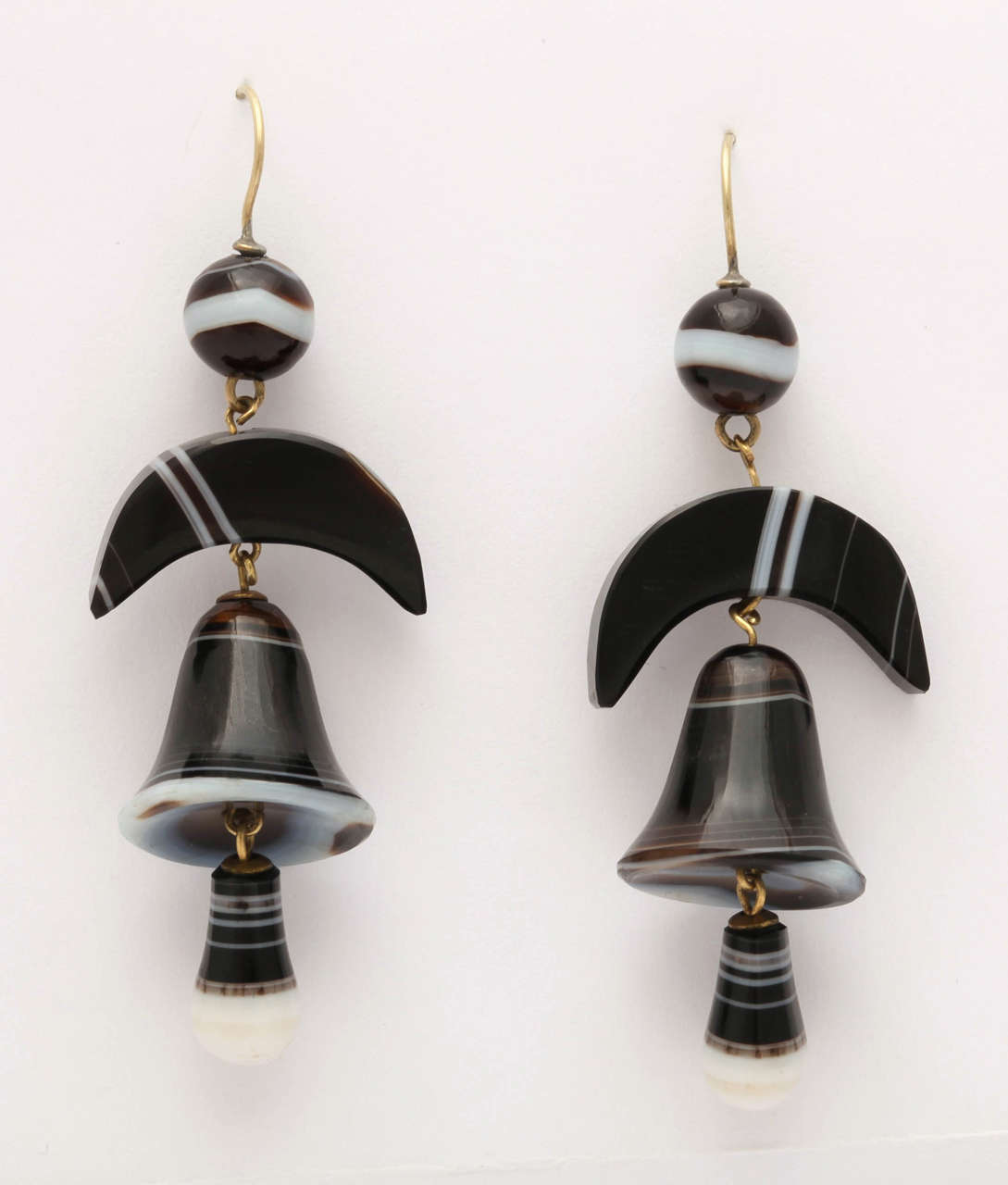 Charming Striped Agate Bell Earrings.  Victorian Ca 1870-80.  Gold wire drops.