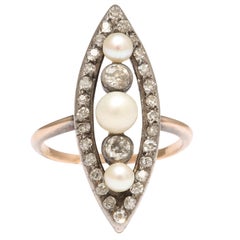 Edwardian Natural Pearl Diamond Silver Gold Engagement Ring