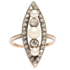 Edwardian Natural Pearl Diamond Silver Gold Engagement Ring