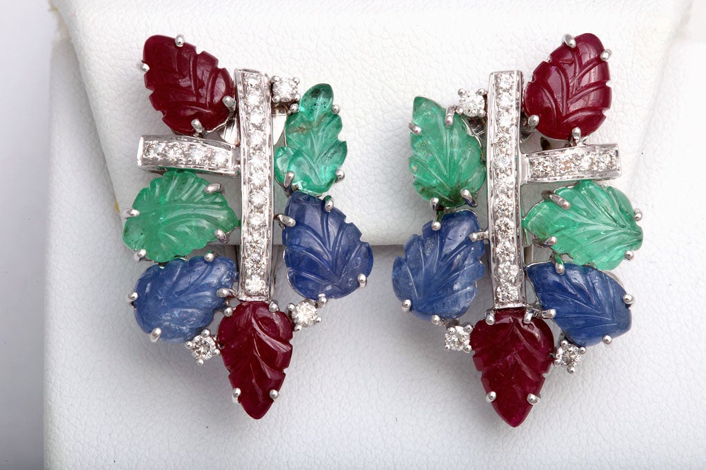 Carved Emerald Sapphire Ruby Leaves Diamond Bracelet 1