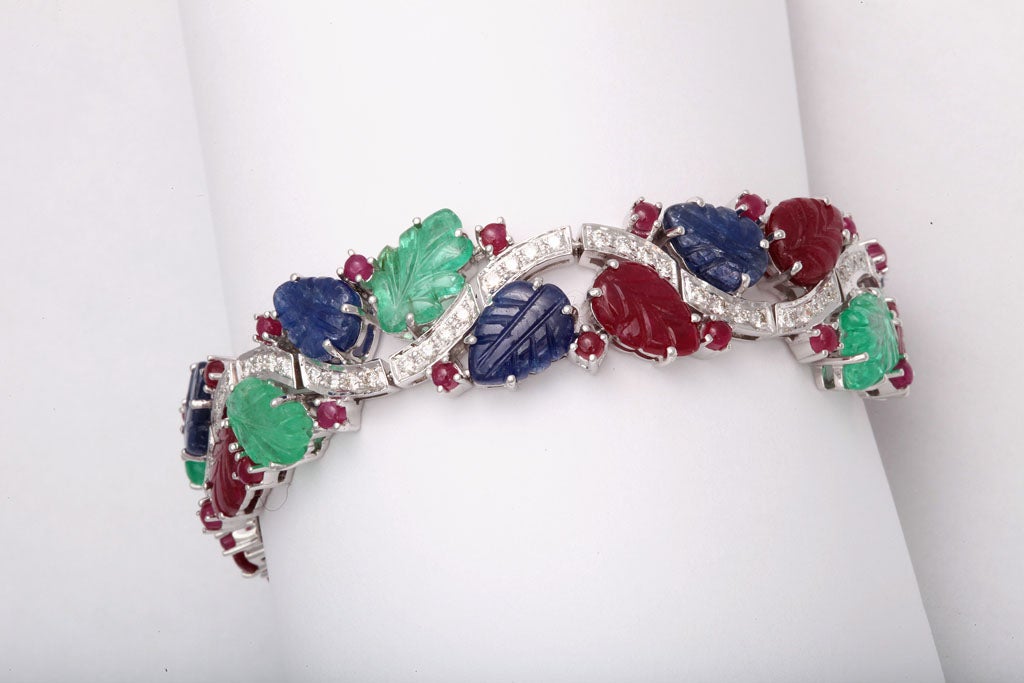 Carved Emerald Sapphire Ruby Leaves Diamond Bracelet In Excellent Condition In Miami Beach, FL