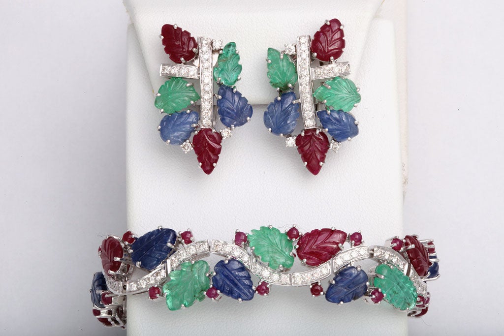 Women's Carved Emerald Sapphire Ruby Leaves Diamond Bracelet