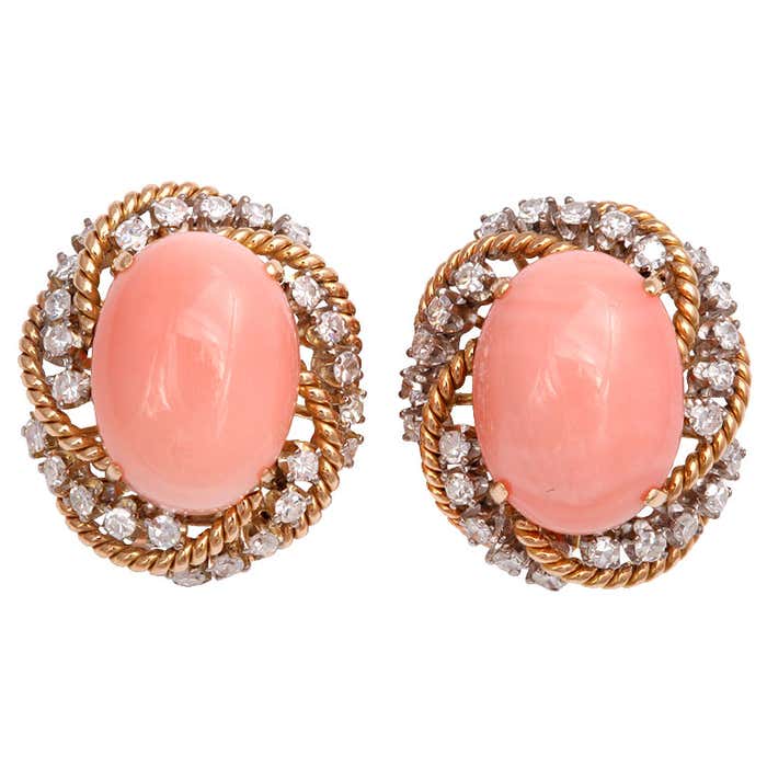 Spectacular Angel Skin Coral and Diamond Gold Earrings at 1stDibs ...