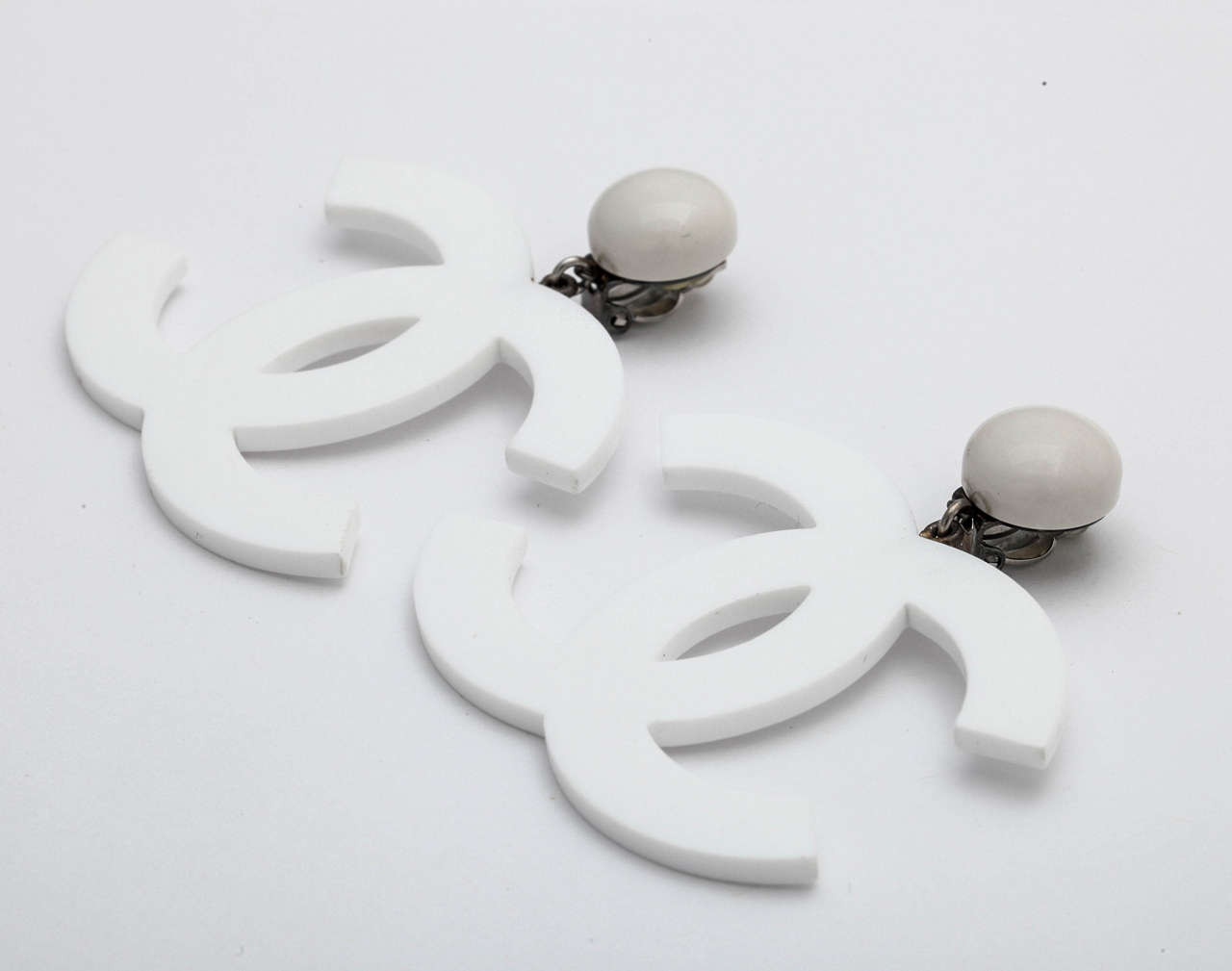 Rare Chanel Large White CC Earrings 1