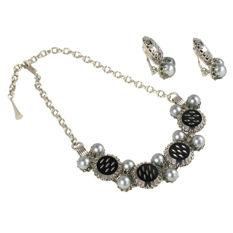 "Silver" "Pearl" and Black Necklace and Earrings, Costume Jewelry