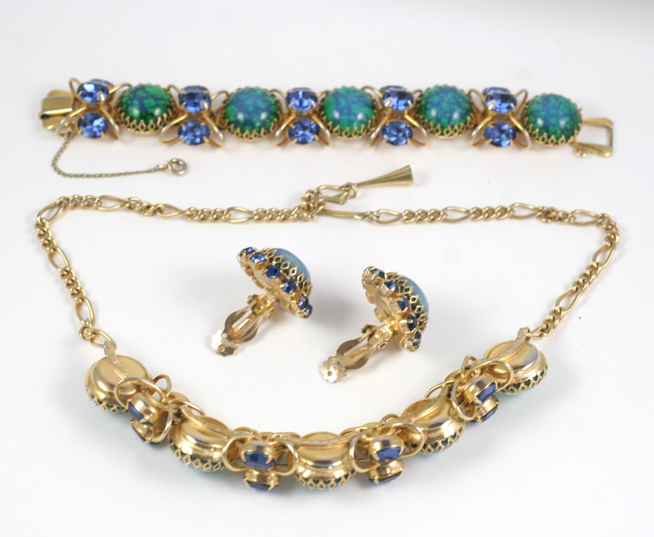 Blue and Green Jeweled Necklace, Bracelet, Earrings 3
