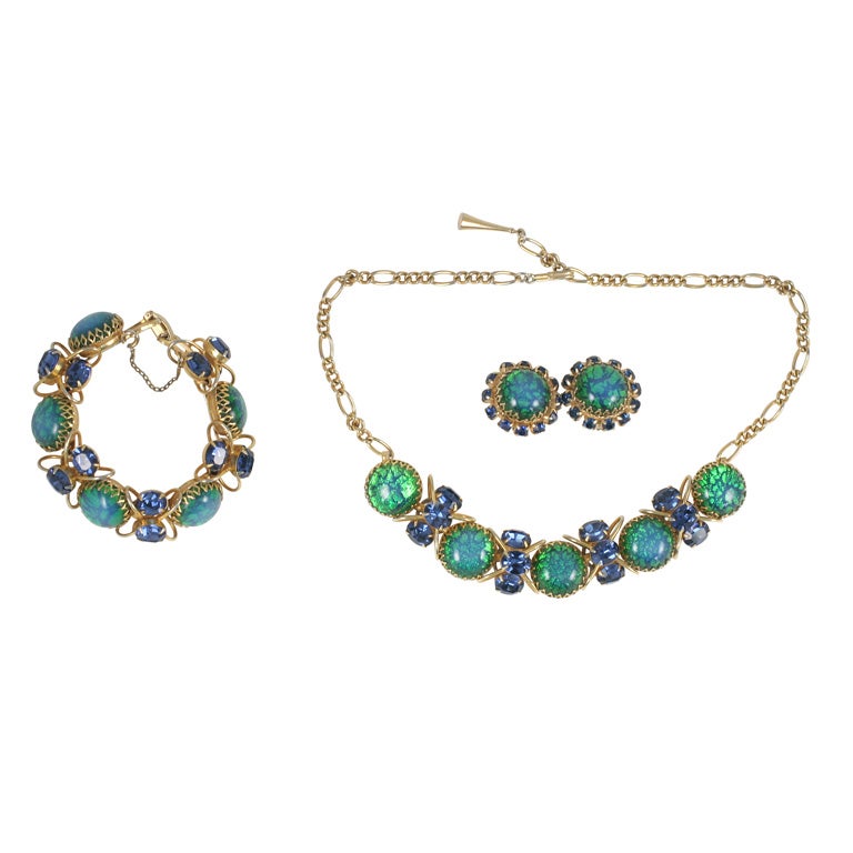 Blue and Green Jeweled Necklace, Bracelet, Earrings