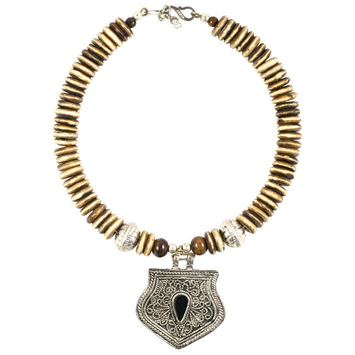 Bone and Silver Medallion Necklace, Costume Jewelry at 1stDibs