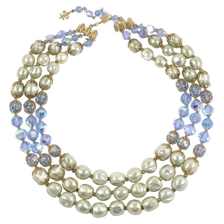 Vendome Baroque "Pearl" and Blue Crystal Necklace, Costume Jewelry For