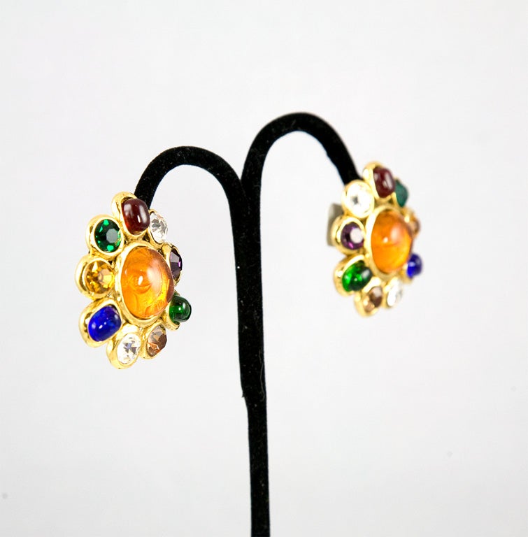 Chanel Multi Colored Gripoix and Rhinestone Ear Clips In Excellent Condition In Palm Desert, CA