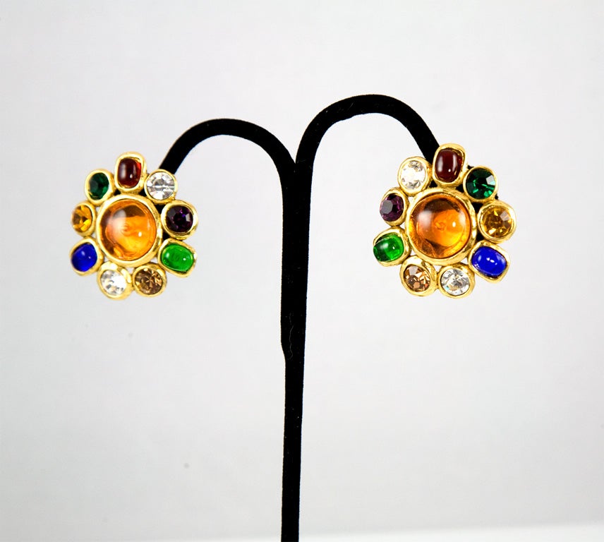 Chanel Multi Colored Gripoix and Rhinestone Ear Clips 2