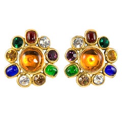 Vintage Chanel Multi Colored Gripoix and Rhinestone Ear Clips