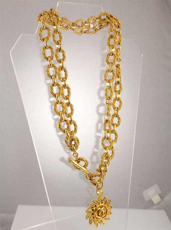 Gold Tone Sun Burst Pendant and Chain by Chanel 2