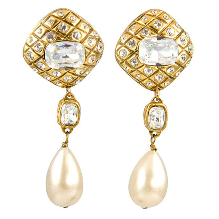Rhinestone and Pearl Earrings by Chanel at 1stdibs