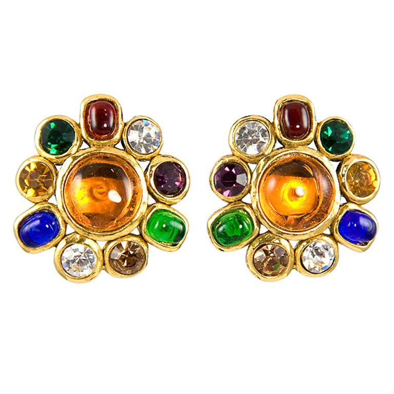 Chanel Multi Colored Gripoix and Rhinestone Ear Clips at 1stDibs