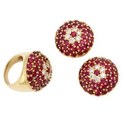 Gold Ruby and Diamond Earring and Ring Suite