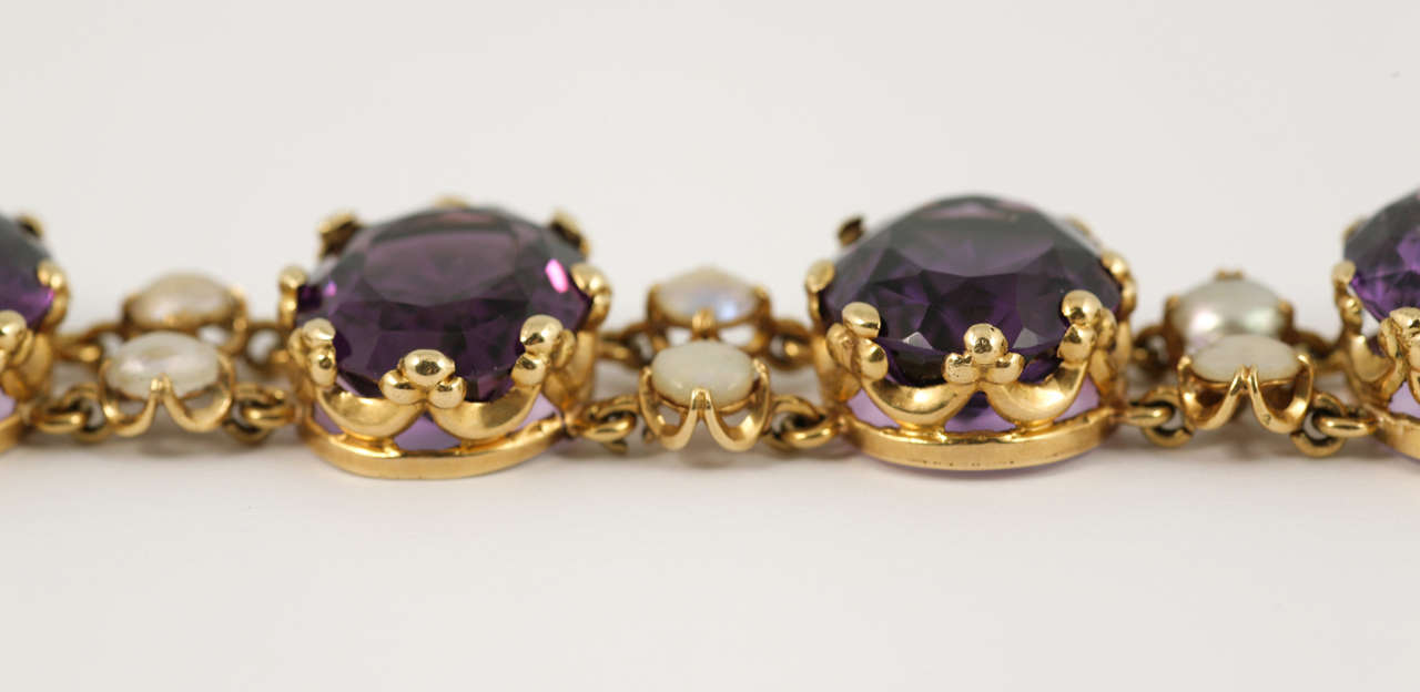 Women's French Victorian Pearl Amethyst Yellow Gold Bracelet For Sale