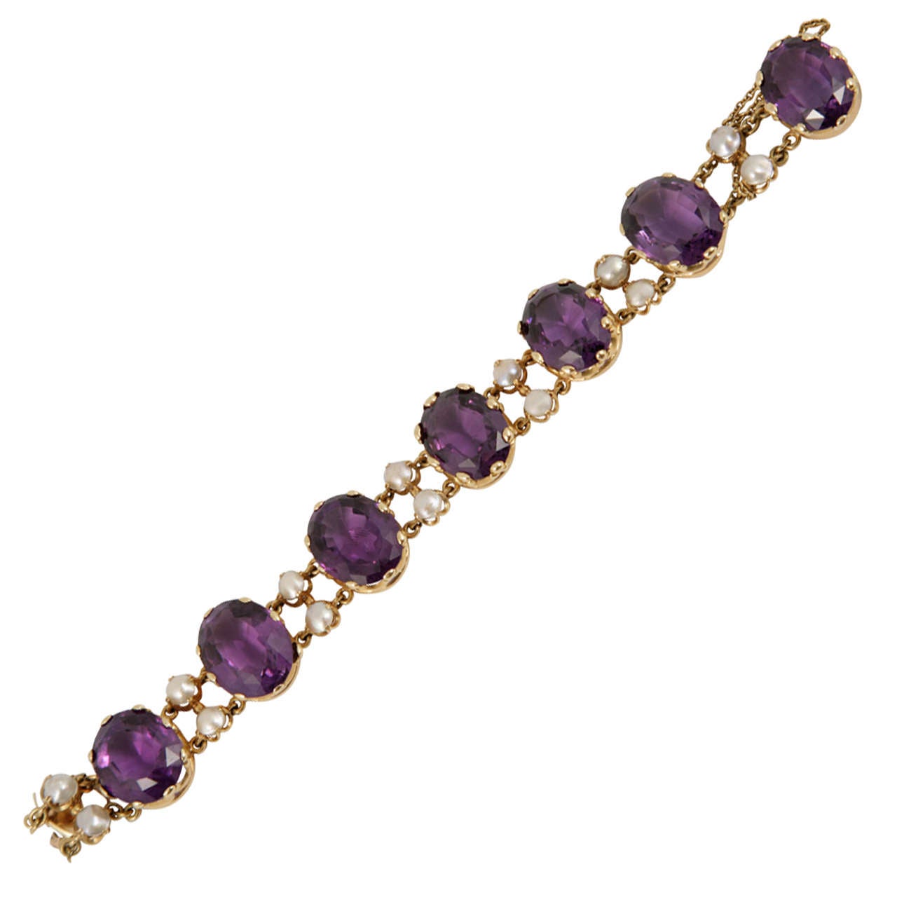 French Victorian Pearl Amethyst Yellow Gold Bracelet For Sale