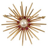 Vintage Gold Starburst Pin with Pearl and Rubies