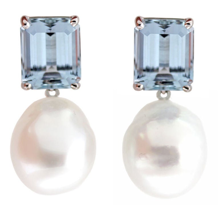 Aquamarine and Baroque South Sea Pearl  Earrings