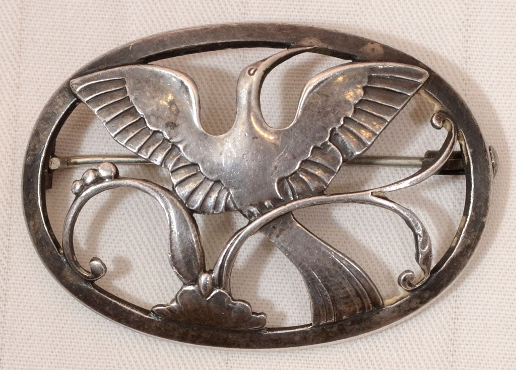 Vintage Georg Jensen Brooch, very old mark dating from 1904 - 1908, G with a decorative superimposed GJ mark. The mark is illustrated in Georg Jensen, by Janet Drucker, P.295 The brooch is impressed 925 sterling Denmark 238 with old pin clasp. It