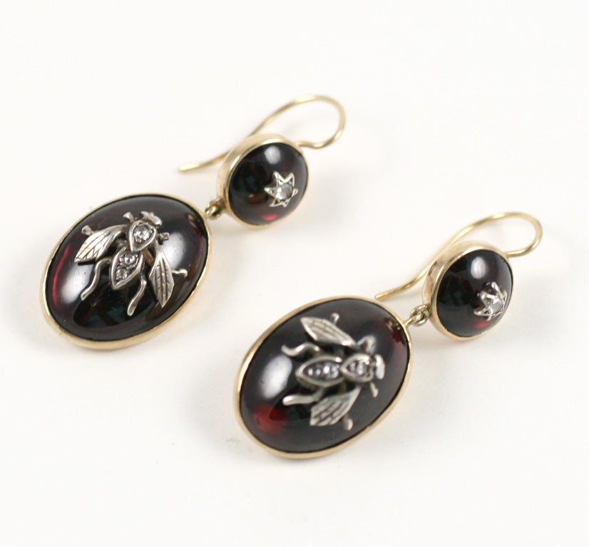 Victorian Gold Fly and Red Cabouchon Garnet Earrings