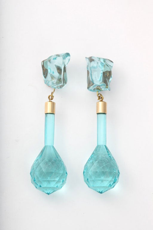 Fabulous and long aqua lucite faceted teardrop earring with an aqua ice cube clip.