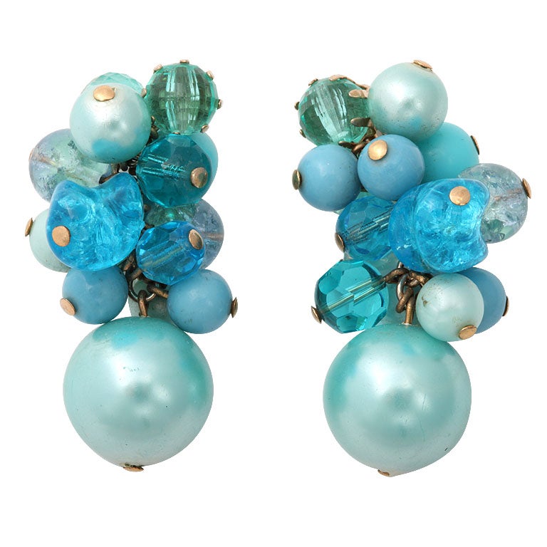 Aqua Beaded Cluster Earrings For Sale