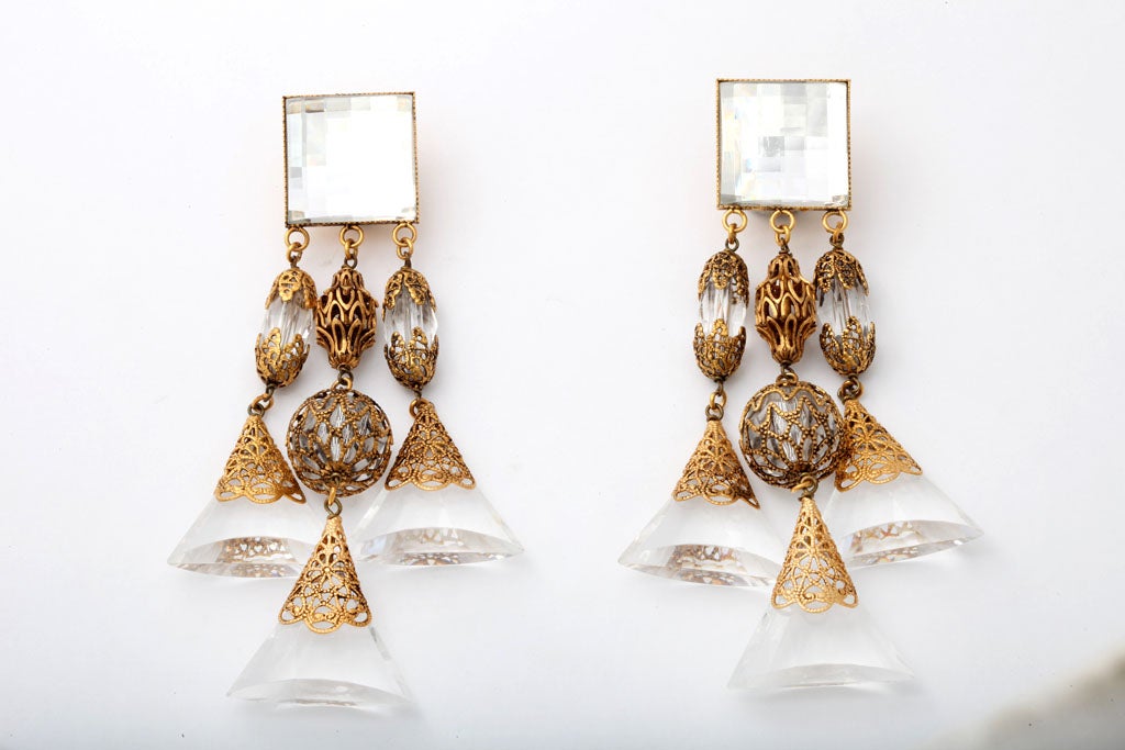 Fabulous triple dangle lucite and goldtone filigree French earrings.