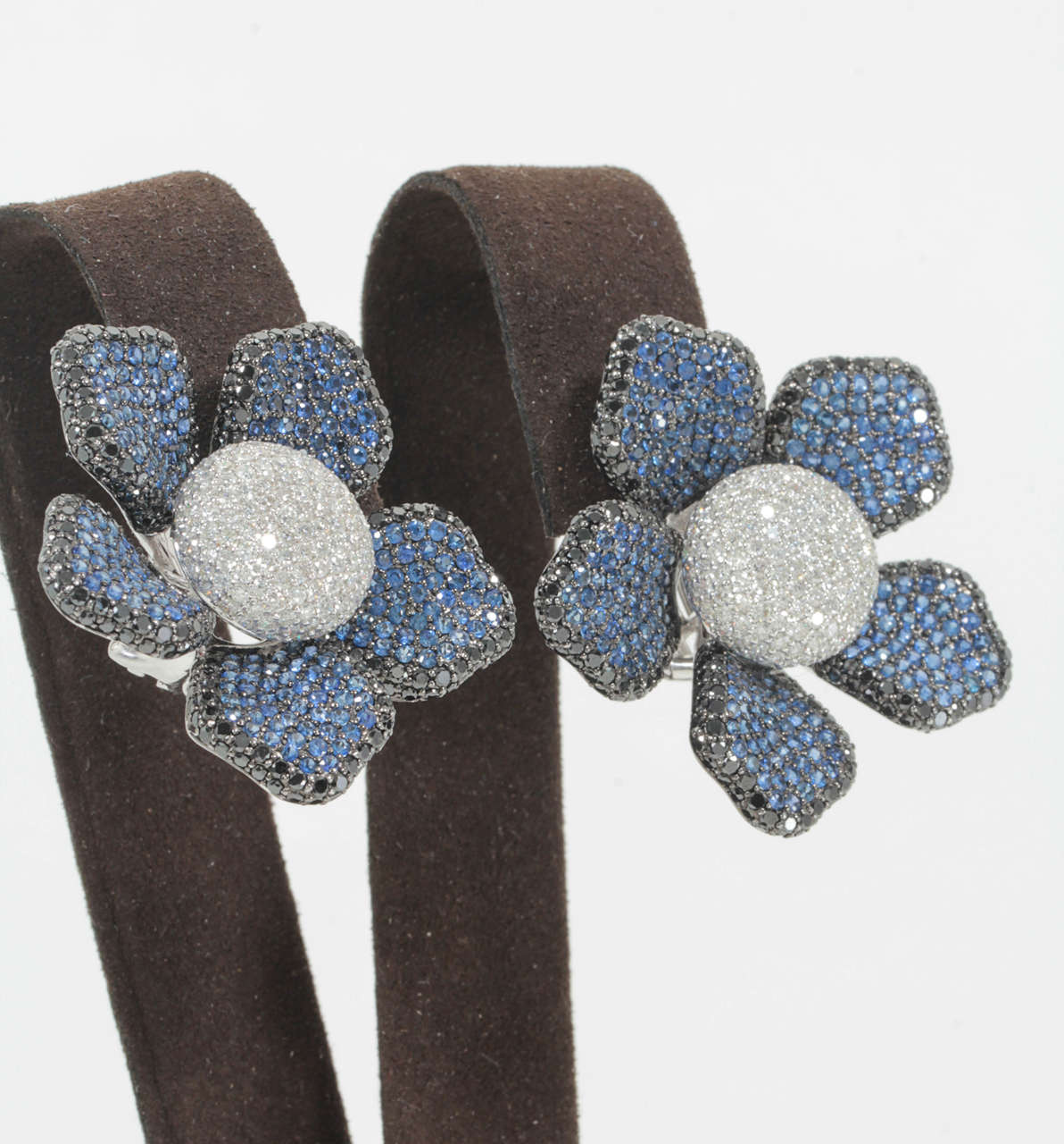 Large Sapphire Diamond Flower Ear Clips In New Condition In New York, NY