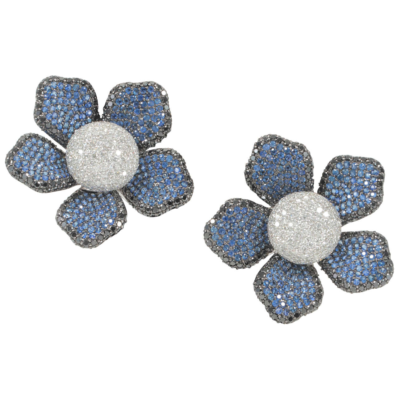 Large Sapphire Diamond Flower Ear Clips