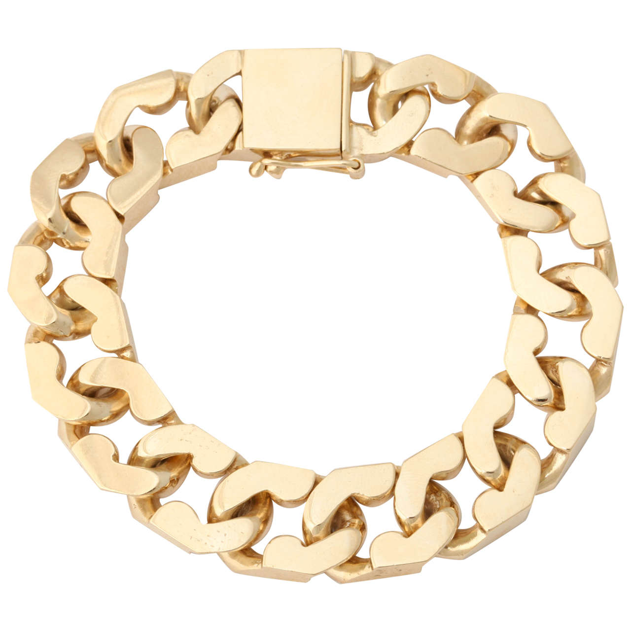 14 KT Yellow Gold High Polish Jagged Open Curb Link Heavy Flexible Bracelet Designed by Tiffany & Co. in the 1940s
Bracelet May Be Worn With A Watch, Alone or With Other Bracelets
Weight of Bracelet 75.4 Grams
1/2 Inch Wide
7 Inches Long