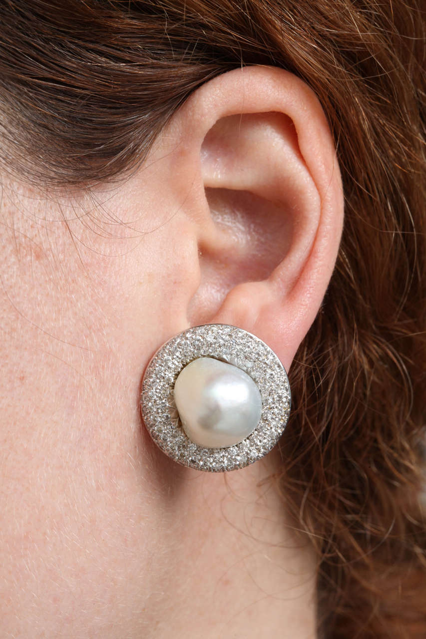 1980s Stunning Large Baroque Pearl Diamond Gold Clip On Earrings 2