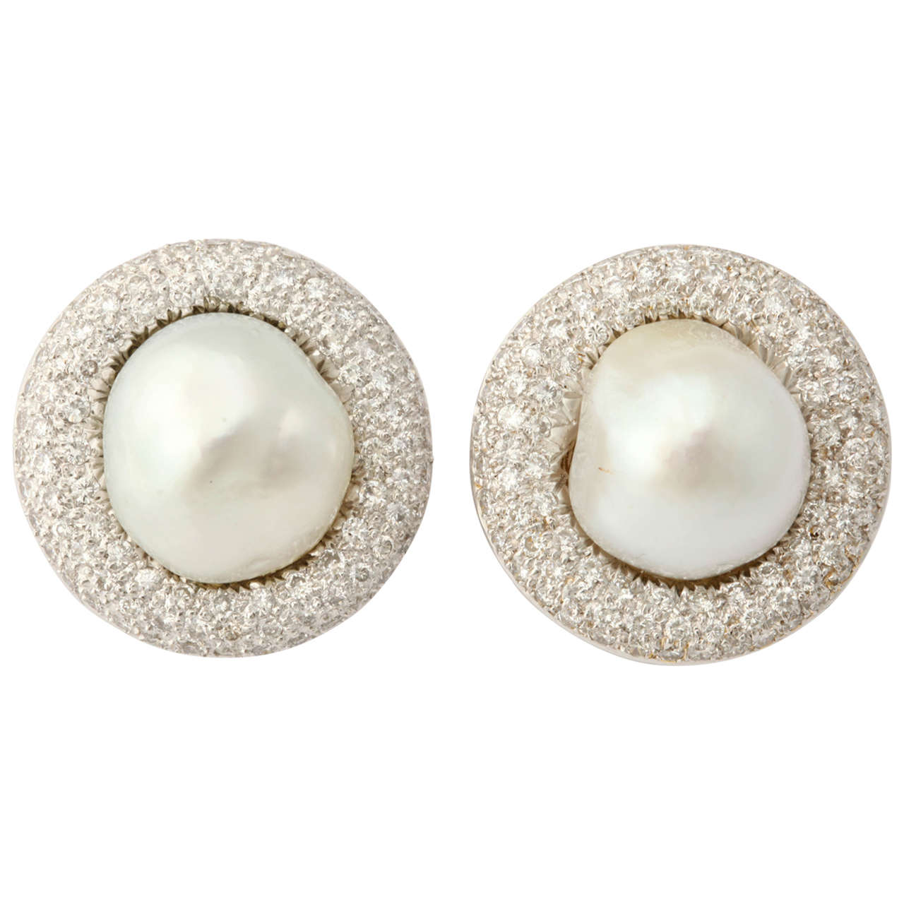 1980s Stunning Large Baroque Pearl Diamond Gold Clip On Earrings