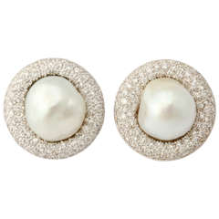 1980s Stunning Large Baroque Pearl Diamond Gold Clip On Earrings