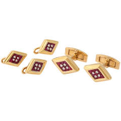 1960s Ruby Diamond Gold Oblong Triangular Cufflinks Studs Set