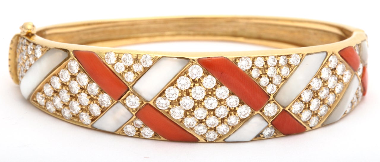 Coral And Mother Of Pearl And Diamond Gold Bangle Bracelet In Excellent Condition In New York, NY