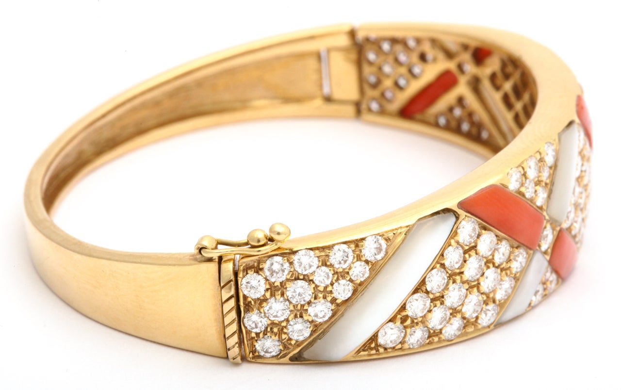 Women's Coral And Mother Of Pearl And Diamond Gold Bangle Bracelet