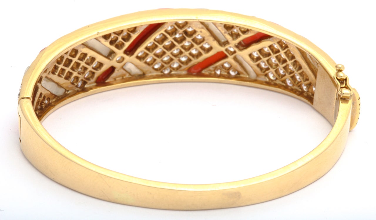 Coral And Mother Of Pearl And Diamond Gold Bangle Bracelet 1