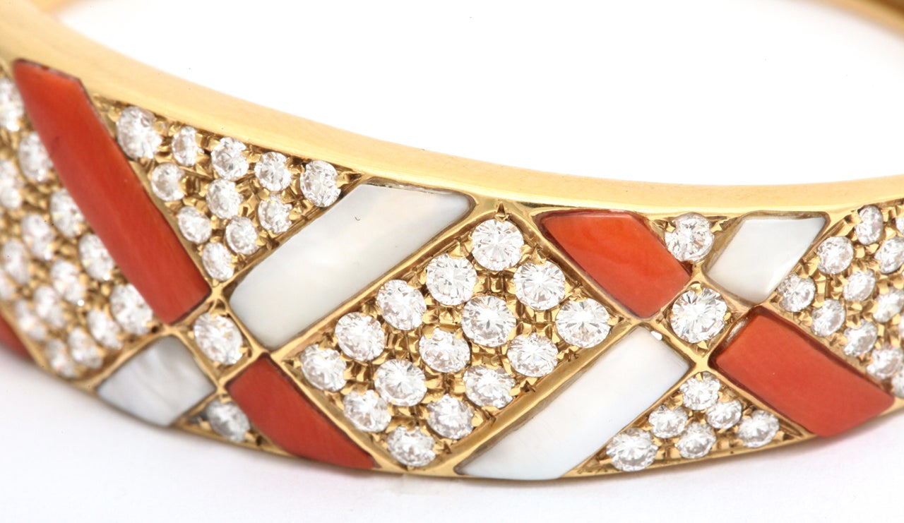 Coral And Mother Of Pearl And Diamond Gold Bangle Bracelet 3