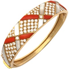 Coral And Mother Of Pearl And Diamond Gold Bangle Bracelet