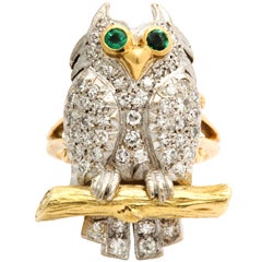English Diamond Emerald And Gold Figural Owl Ring English Diamond Emerald And Gold Figural Owl Ring