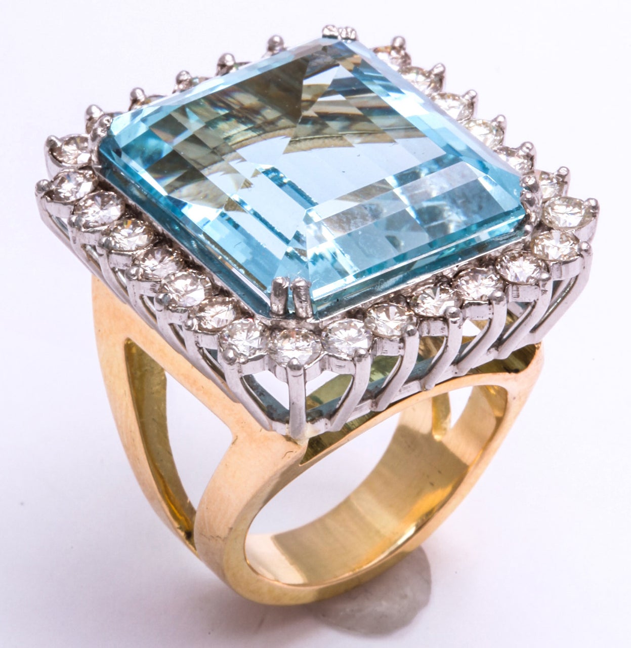 Large Aqua and Diamond Gold Ring