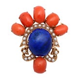 Anthpomorphic Coral, Lapis  & Pearl Pin